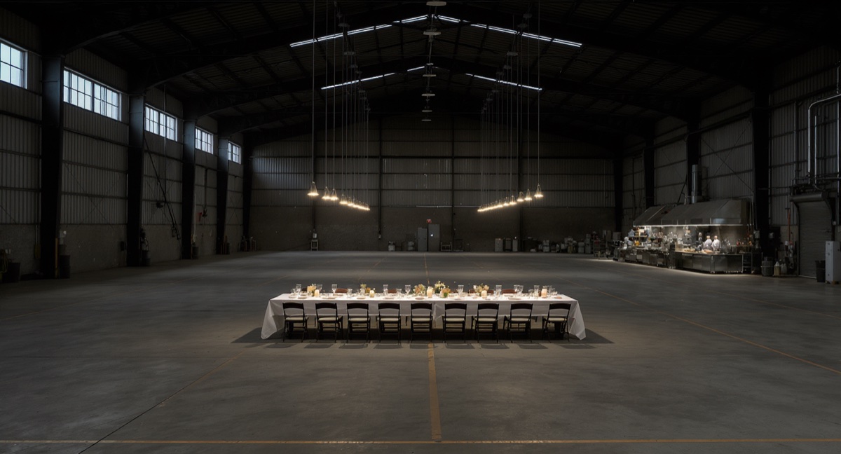 A working robotics floor laid with a single long dinner table.