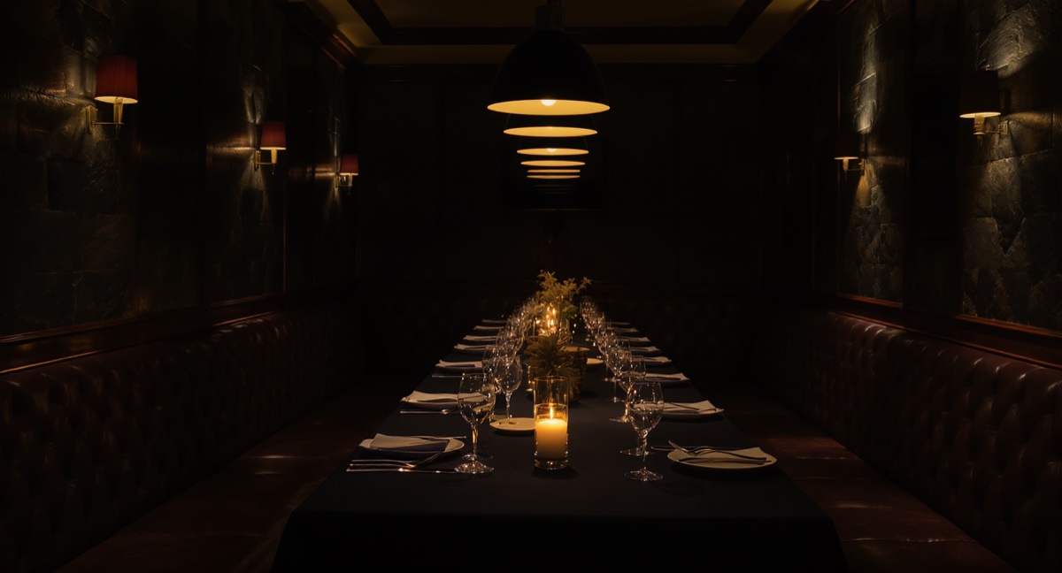 A warm, low-lit private dining room.