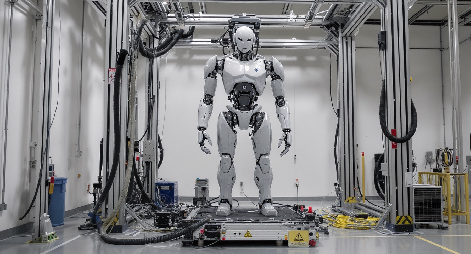 A humanoid robot on a test rig in a development bay.